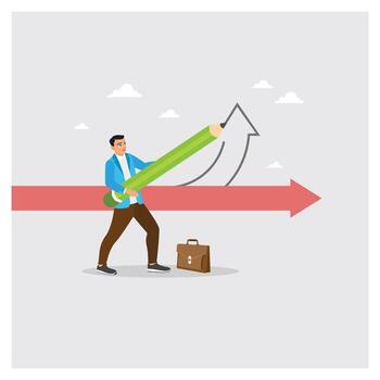 Businessman draws with a pencil a new metaphorical arrow for a change in direction. vector