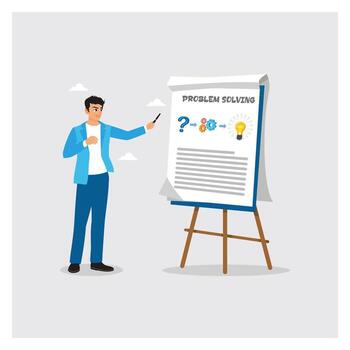 empresario presente problema resolviendo proceso con diagrama, engranajes, y bombilla idea. vector