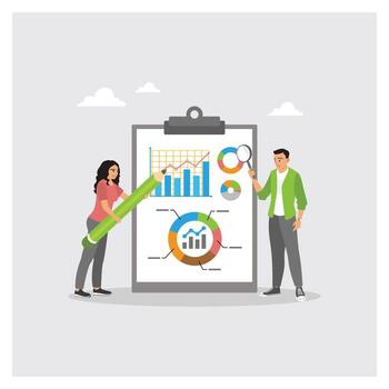 Business people observe clips with report graphs using magnifying glass and pencil. vector