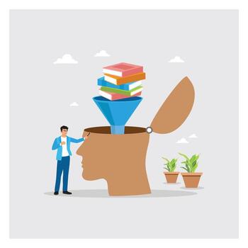 Human head with book stack in funnel easy to flow in to learning new lesson. vector