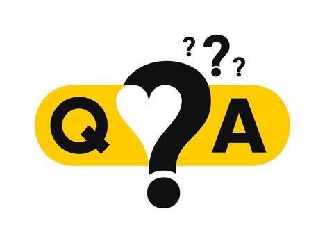 moderno q y un ilustración con pregunta y responder concepto y corazón icono. plano diseño en amarillo, negro, blanco. Perfecto para Preguntas más frecuentes, apoyo, ayuda centro, prueba, o conocimiento base gráficos vector