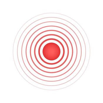 Red concentric circles with point in center. Target or aim, pain localization icon. Sore, ache or inflammation symbol. Pulse, vibration or radiation sign. Sound signal pictogram. illustration vector