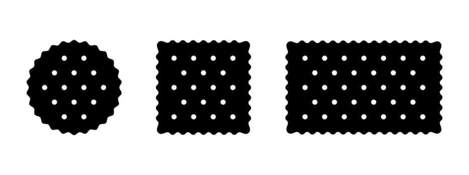 Set of cracker silhouettes. Sweet or salty biscuit cookies in round, square and rectangle shapes. Popular crunchy snacks icons isolated on white background. graphic illustration vector