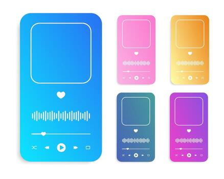 Set of colorful audio player interface templates with album cover frame, buttons, progress loading bar and equalizer wave. Playback menu widgets isolated on white background. illustration vector