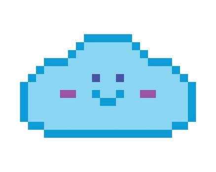 Smiling Cloud Illustration in Pixel Art Style. Charming facial expression with purple and pink accents adds a playful and nostalgic touch. vector