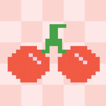 Pixel Art Cherry Illustration on Checkered Background. Simple, retro style design ideal for digital art projects. vector