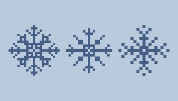 Pixel art geometric snowflakes arranged in a row. This illustration features blue snowflake designs on a light background, perfect for winter themed projects and designs. vector