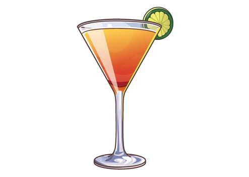 Illustrative martini in a triangular glass with lime garnish isolated on a white backdrop. Beverage concept vector