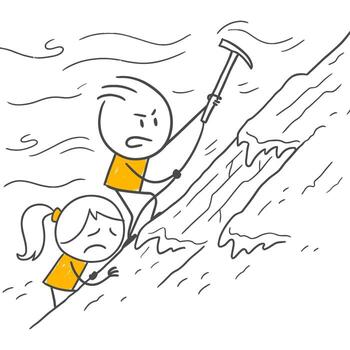 A Climbing Team Determinedly Struggling to Reach the Summit by Climbing with an Ice Axe on a Dangerous Slope. vector