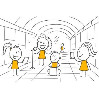 A Talented Performance Group Expressing Their Musical Passion by Enthusiastically Singing in Front of a Microphone in an Arched Tunnel. vector
