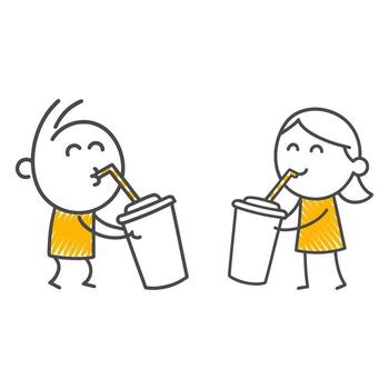 Two Friends Cooling Off and Chatting While Drinking Large Cold Beverages with a Straw During a Hot Day or a Break from Intense Work. vector