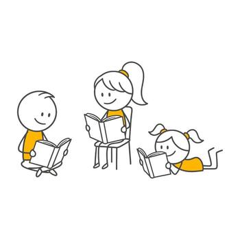 Reading Hour Activity Three Individuals in Different Poses Focused and Deeply Immersed in Their Books. vector