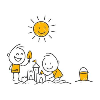 Under the Summer Sun Two People's Adventure of Building a Sandcastle and the Joy of a Shared Project. vector