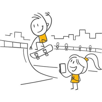 An Athlete Enjoying the Thrill of Speed and Performing an Acrobatic Move by Jumping with a Skateboard from a High Ramp in Front of the City Skyline. vector