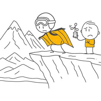 Entrepreneurial Anxiety at the Mountain Peak Figures Questioning the Reliability of the Project Before the Wingsuit Test. vector