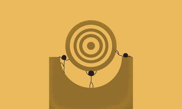 Hand-Drawn Stick Figure Illustration of a Group of People Trying and Working Together to Align and Balance a Shooting Target vector