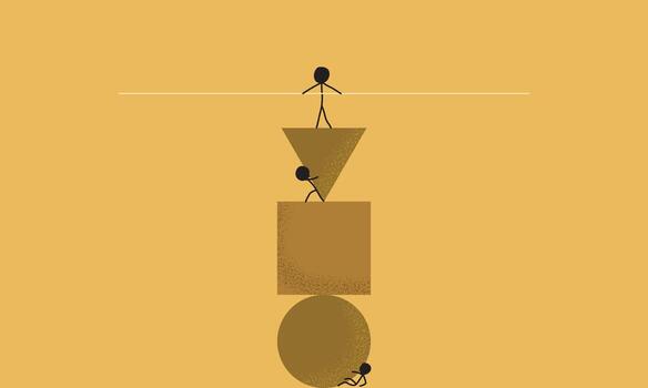 Hand-Drawn Stick Figure Illustration of a Group of People Trying and Working Together to Balance Objects of Different Shapes vector