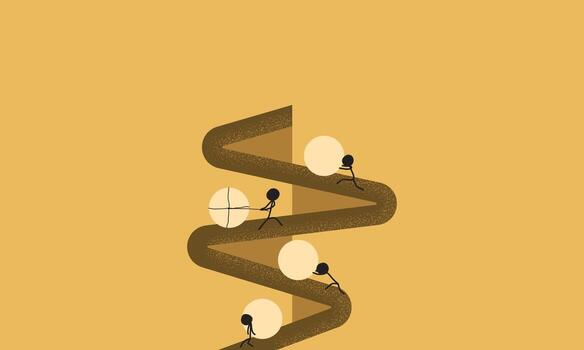 Minimalist Illustration of a Group of People Pushing a Large Ball in Their Own Way. Symbolizes Various Efforts and Means for the Same Goal vector