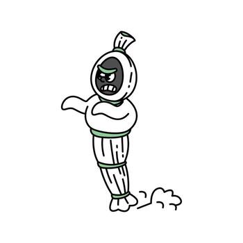 un pocong, un indonesio fantasma, con un enojado expresión, envuelto en blanco sudario y atado a el cabeza, cintura, y pies, con uno brazo extendido. pocong, indonesio fantasma retro personaje. vector