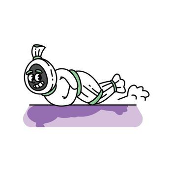 un juguetón y simpático dibujos animados ilustración de un pocong fantasma, un indonesio folklore fantasma, representado en un blanco sudario con verde corbatas, gateando adelante con un contento expresión. vector