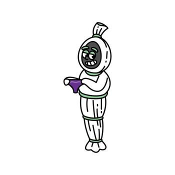 un caprichoso dibujos animados dibujo de un pocong, un indonesio fantasma, con un dañoso expresión, participación un pequeño púrpura artículo. el personaje es envuelto en blanco paño, típico de sus folklore. vector