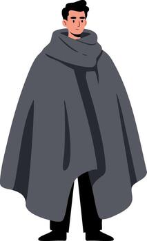 Man wearing oversized gray cloak standing with hands hidden in sleeves minimalistic illustration vector