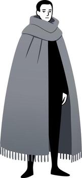 Man wrapped in large gray scarf and cloak standing isolated on white background in minimal style vector