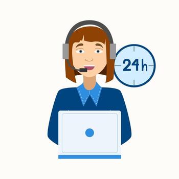 Customer support agent with headset working on a laptop, around the clock service icon. For websites, help center pages, app onboarding, banners and marketing materials. vector