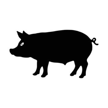 A black silhouette of a pig standing on a white background with a curly tail and a single eye visible. vector