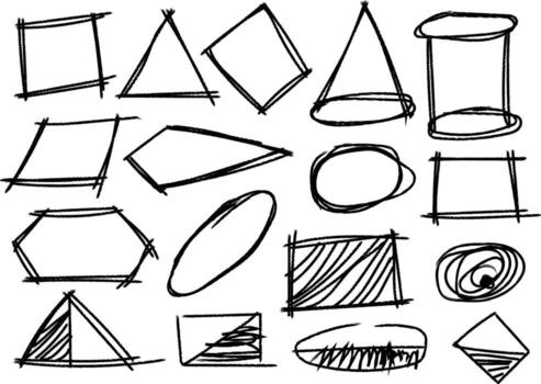 A collection of hand drawn geometric shapes including squares triangles circles and cylinders sketched in a simple abstract artistic style. vector