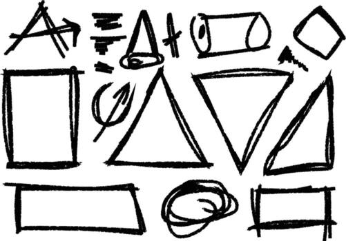 A variety of rough, hand drawn geometric shapes including triangles, rectangles, and a cylinder, along with abstract scribbles, all on a white backdrop. vector