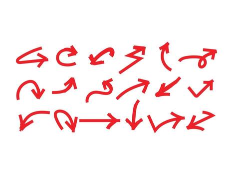 colección de rojo dibujado a mano flechas en varios estilos y direcciones aislado en un blanco antecedentes indicando movimiento y dirección. vector