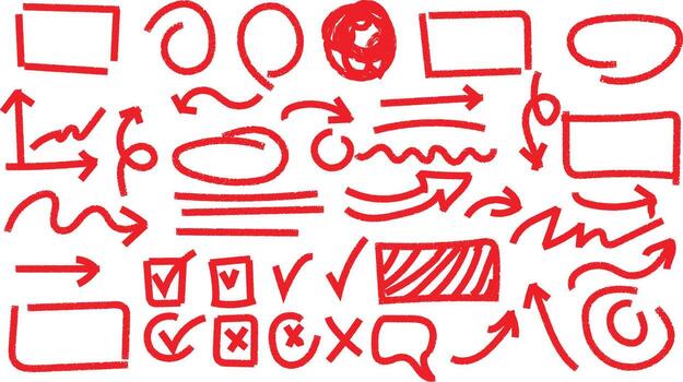 Collection of hand drawn red arrows checkmarks circles and boxes. vector