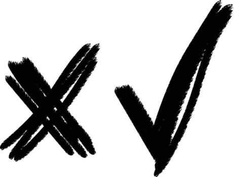 Hand-drawn black cross and checkmark symbols on a white background representing wrong and right choices or options. vector
