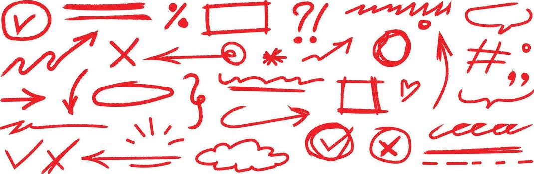 A collection of red abstract doodles and sketches on a white background featuring various shapes symbols and figures. vector