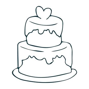 Simple outline illustration of layered cake with dripping icing and heart topper vector