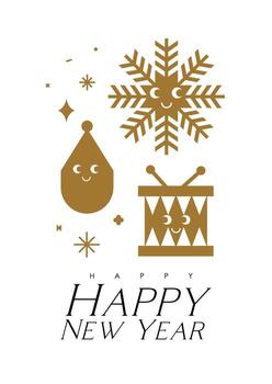 New year poster with cartoon tree toy, drums, snowflake drawing in cute smiling style with beige on white color background vector