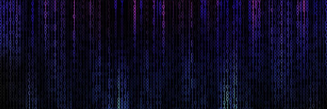 A mesmerizing display of binary code flows vertically on a dark background, illuminated with a gradient of bright magenta, purple, and electric blue, creating a high-tech, digital environment. vector