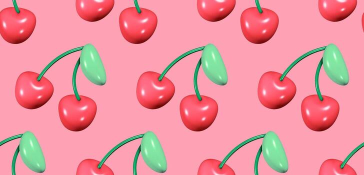 Bright red glossy cherries in a playful pattern on a vibrant pink background create a cheerful pop-art aesthetic perfect for design projects and summer themes. vector