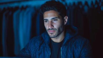 Introspective man in dim lighting, thoughtful expression suggests deep contemplation, autumn mood with cozy attire hints at seasonal change video