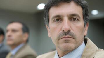 meia idade homem com sério expressão, profissional configuração com borrado colega, foco em determinação e introspecção video