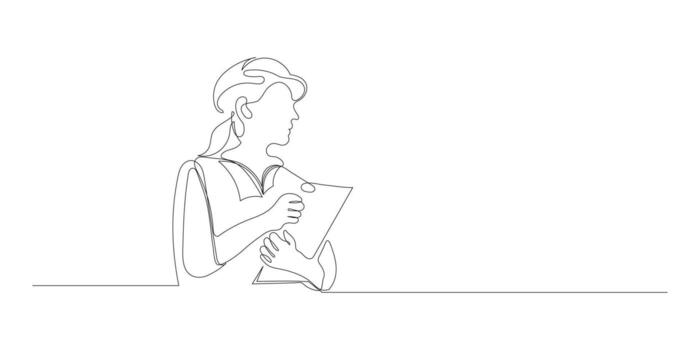 Continuous single line drawing of woman civil engineer or architect with constructions plans vector