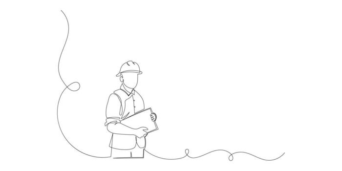 Continuous single line drawing of civil engineer or architect with constructions plans, line art vector