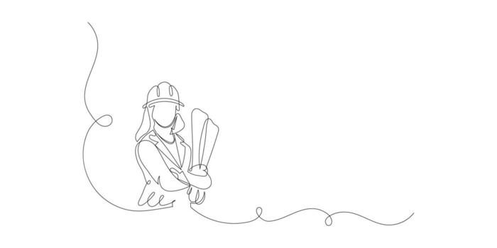 Continuous single line drawing of civil engineer or architect with constructions plans, line art concept concept vector