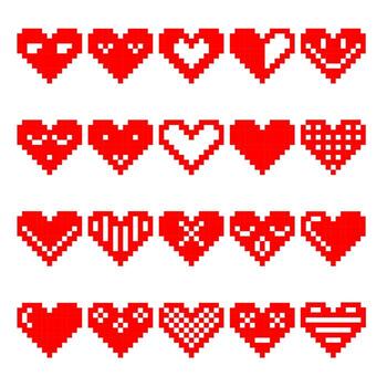 Set of red pixel hearts in different styles and patterns, retro 8-bit design collection for love, Valentines Day, games, digital art, icons, or pixel graphics on white background vector