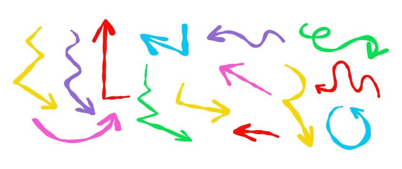 Textured colored arrows on a white background. Set of arrow icons pointing in different directions. vector