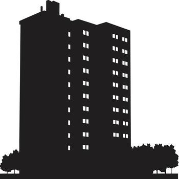 Silhouette of a tall building with windows and trees vector