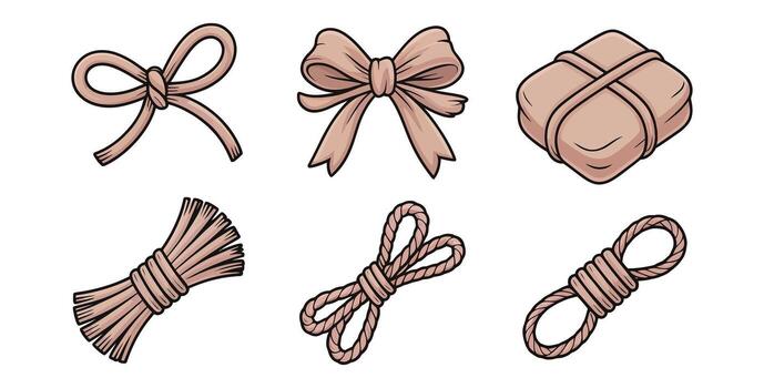 Illustrative Set of Natural Cordage Ropes and Bows in Various Forms vector