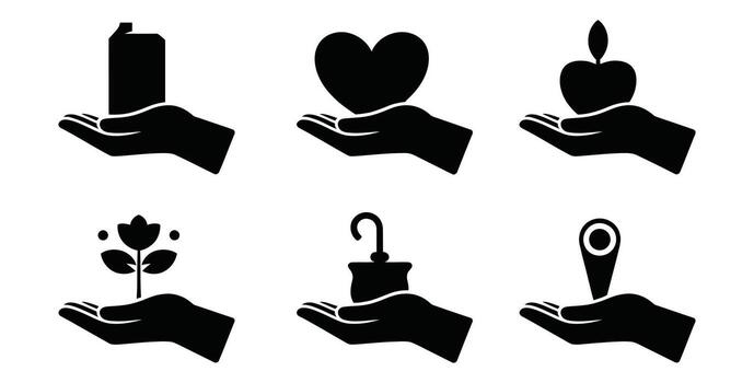 Set of hand icons holding various objects in black and white vector