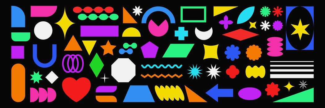 Abstract geometric shapes set. Basic brutal forms and retro figures in Y2K aesthetics. Trendy retro 90s style vector